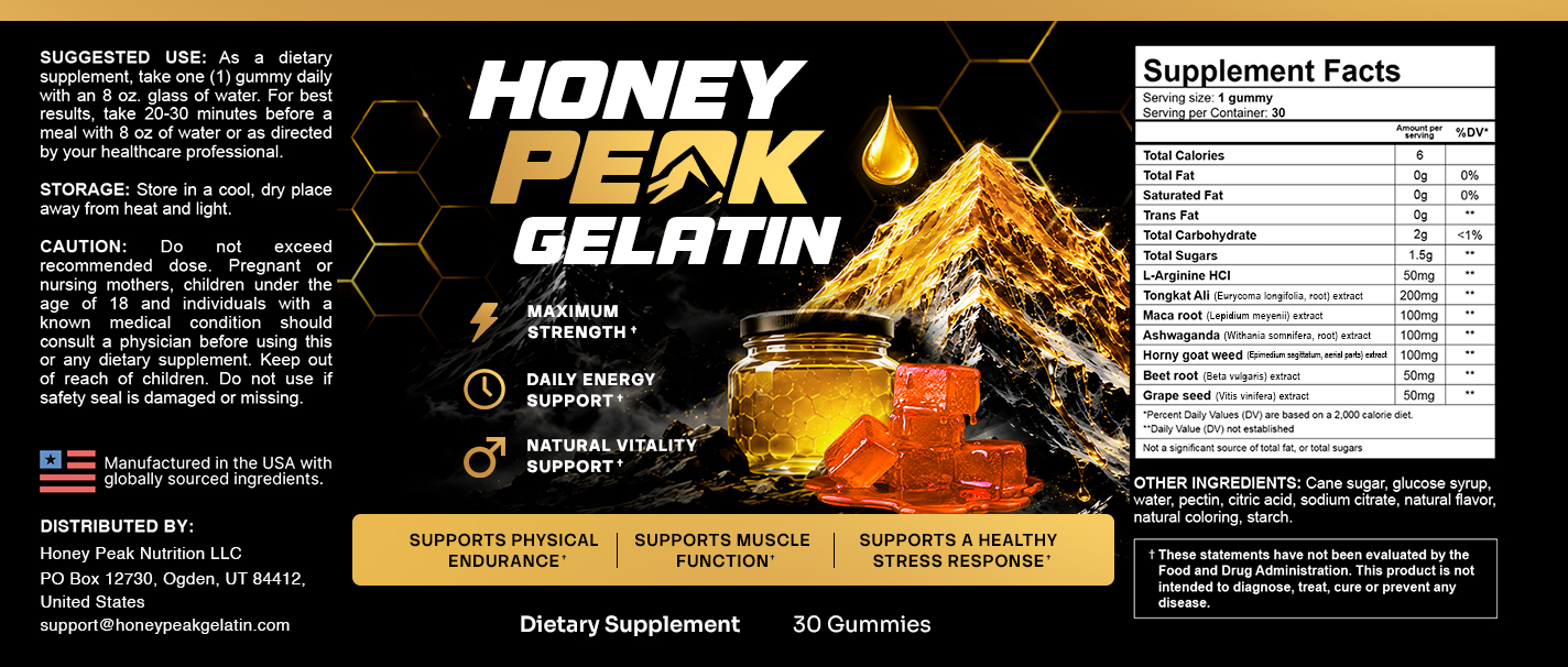 Honey Peak Gelatin label showing suggested use, storage, caution and the facts panel with every ingredient amount