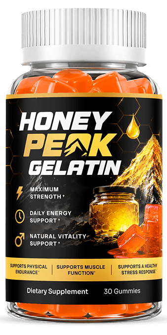 Honey Peak Gelatin bottle containing 30 honey gummies